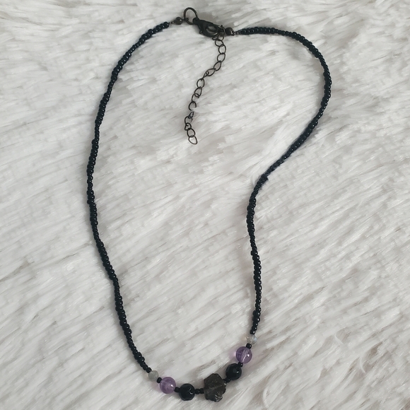 Crystal and Beaded Necklace with Raw Smoky Quartz, Black Onyx, Amethyst Quartz - Picture 2 of 6
